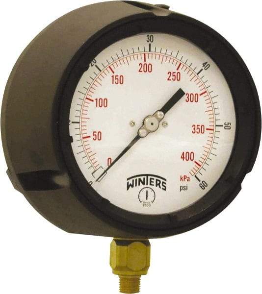 Winters - 4-1/2" Dial, 1/4 Thread, 0-60 Scale Range, Pressure Gauge - Bottom Connection Mount, Accurate to ±0.5% of Scale - Benchmark Tooling