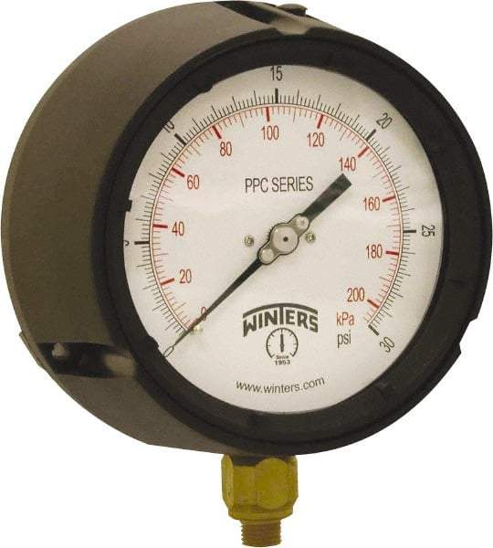 Winters - 4-1/2" Dial, 1/4 Thread, 0-30 Scale Range, Pressure Gauge - Bottom Connection Mount, Accurate to ±0.5% of Scale - Benchmark Tooling