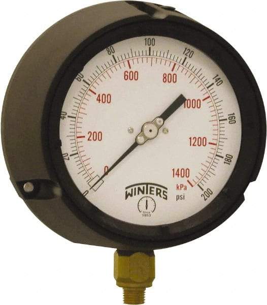 Winters - 4-1/2" Dial, 1/4 Thread, 0-200 Scale Range, Pressure Gauge - Bottom Connection Mount, Accurate to ±0.5% of Scale - Benchmark Tooling