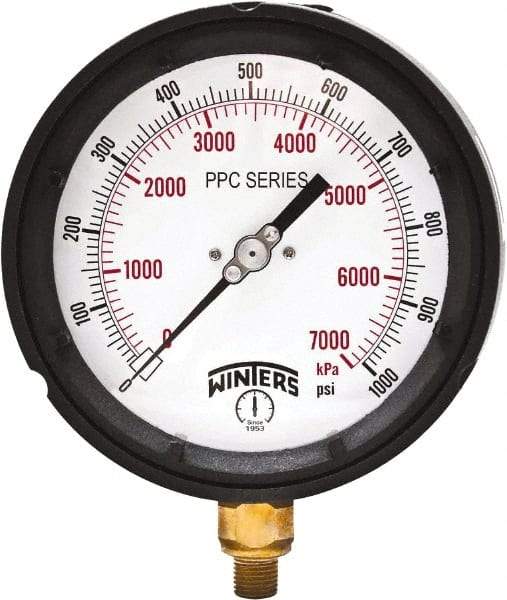 Winters - 4-1/2" Dial, 1/4 Thread, 0-1,000 Scale Range, Pressure Gauge - Bottom Connection Mount, Accurate to ±0.5% of Scale - Benchmark Tooling