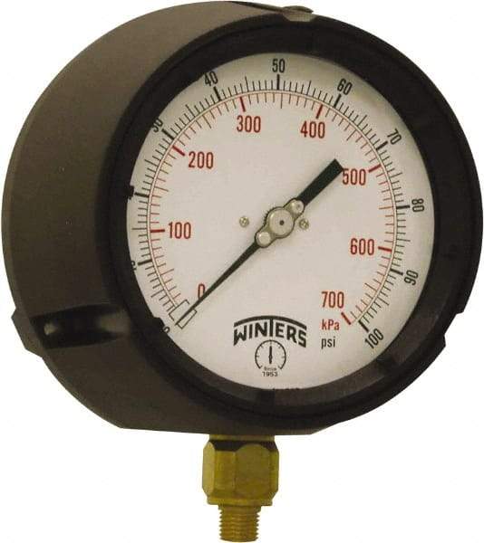 Winters - 4-1/2" Dial, 1/4 Thread, 0-100 Scale Range, Pressure Gauge - Bottom Connection Mount, Accurate to ±0.5% of Scale - Benchmark Tooling