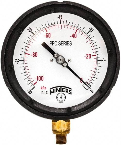 Winters - 4-1/2" Dial, 1/4 Thread, 30-0 Hg VAC Scale Range, Pressure Gauge - Bottom Connection Mount, Accurate to ±0.5% of Scale - Benchmark Tooling