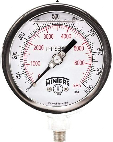 Winters - 4" Dial, 1/4 Thread, 0-1,000 Scale Range, Pressure Gauge - Bottom Connection Mount, Accurate to 0.01% of Scale - Benchmark Tooling