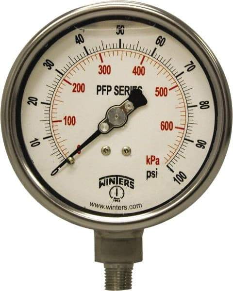 Winters - 4" Dial, 1/4 Thread, 0-100 Scale Range, Pressure Gauge - Bottom Connection Mount, Accurate to 1% Full-Scale of Scale - Benchmark Tooling