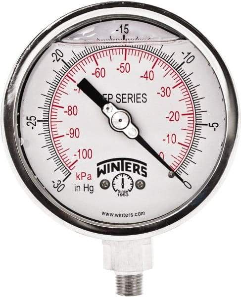 Winters - 4" Dial, 1/4 Thread, 30" HG Vac Scale Range, Pressure Gauge - Bottom Connection Mount, Accurate to 1% Full-Scale of Scale - Benchmark Tooling