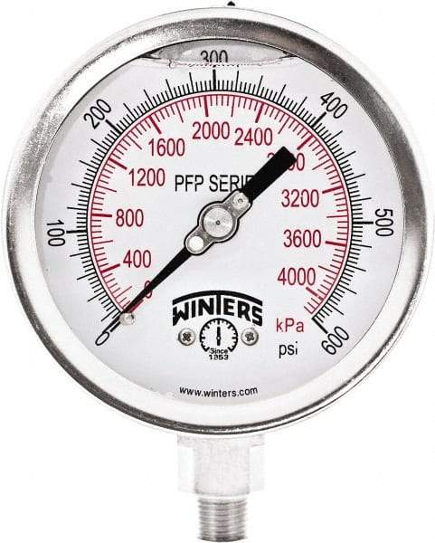 Winters - 4" Dial, 1/4 Thread, 0-600 Scale Range, Pressure Gauge - Bottom Connection Mount, Accurate to 1% Full-Scale of Scale - Benchmark Tooling