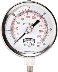 Winters - 4" Dial, 1/4 Thread, 0-30 Scale Range, Pressure Gauge - Bottom Connection Mount, Accurate to 0.01% of Scale - Benchmark Tooling