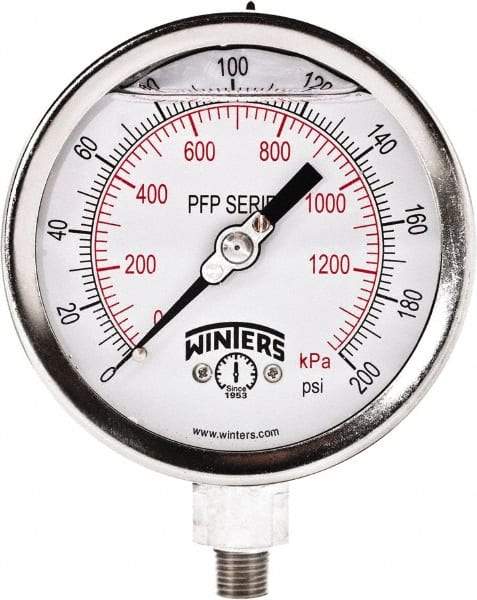 Winters - 4" Dial, 1/4 Thread, 0-200 Scale Range, Pressure Gauge - Bottom Connection Mount, Accurate to 0.01% of Scale - Benchmark Tooling