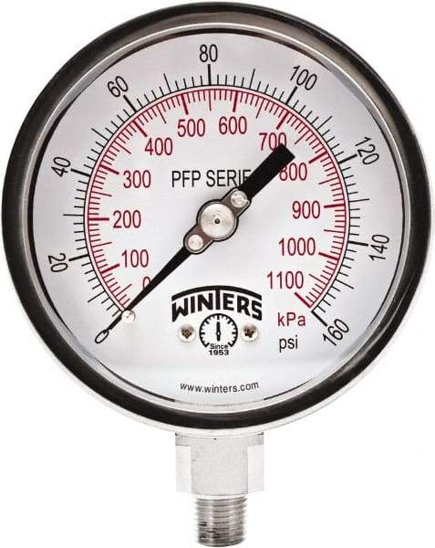 Winters - 4" Dial, 1/4 Thread, 0-160 Scale Range, Pressure Gauge - Bottom Connection Mount, Accurate to 0.01% of Scale - Benchmark Tooling