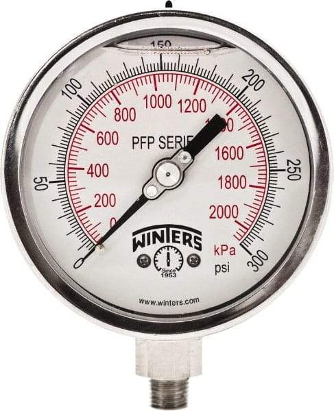 Winters - 4" Dial, 1/4 Thread, 0-300 Scale Range, Pressure Gauge - Bottom Connection Mount, Accurate to 1% Full-Scale of Scale - Benchmark Tooling