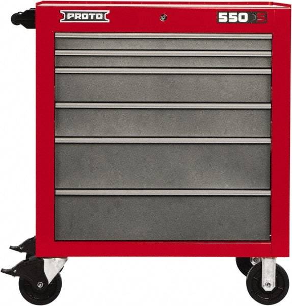 Proto - 6 Drawer Steel Tool Roller Cabinet - 34" Wide x 41" High x 25-1/4" Deep, Ball Bearing Drawer Slides, Safety Red/Gray - Benchmark Tooling
