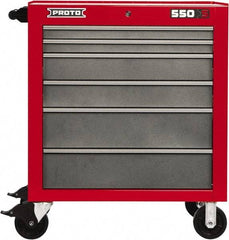 Proto - 6 Drawer Steel Tool Roller Cabinet - 34" Wide x 41" High x 25-1/4" Deep, Ball Bearing Drawer Slides, Safety Red/Gray - Benchmark Tooling