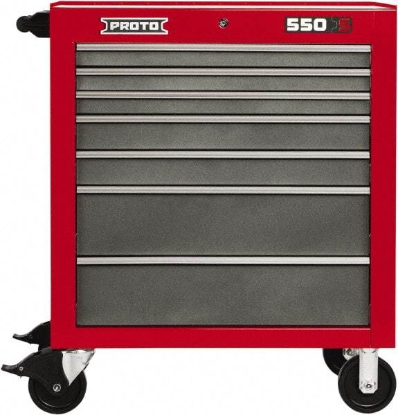 Proto - 7 Drawer Steel Tool Roller Cabinet - 34" Wide x 41" High x 25-1/4" Deep, Ball Bearing Drawer Slides, Safety Red/Gray - Benchmark Tooling
