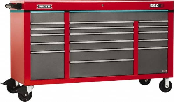 Proto - 30,144 Lb Capacity, 18 Drawer Mobile Power Workstation - 67" Wide x 25-1/4" Deep x 41" High, Steel, Safety Red & Gray - Benchmark Tooling