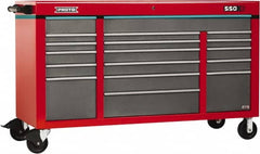 Proto - 30,144 Lb Capacity, 18 Drawer Mobile Power Workstation - 67" Wide x 25-1/4" Deep x 41" High, Steel, Safety Red & Gray - Benchmark Tooling
