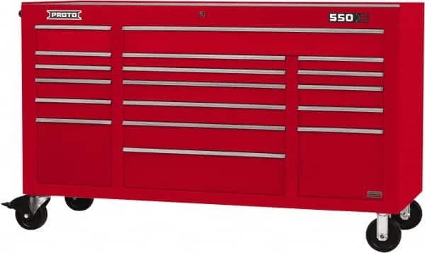 Proto - 30,144 Lb Capacity, 18 Drawer Mobile Power Workstation - 67" Wide x 25-1/4" Deep x 41" High, Steel, Red - Benchmark Tooling