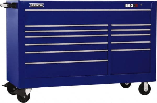 Proto - 36,455 Lb Capacity, 12 Drawer Mobile Workstation - 66" Wide x 27" Deep x 46" High, Steel, Blue - Benchmark Tooling