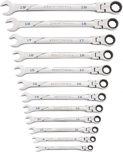 GearWrench - 12 Piece, 8mm to 19mm, Ratcheting Flexhead Combination Wrench Set - Metric Measurement Standard, Chrome Finish - Benchmark Tooling