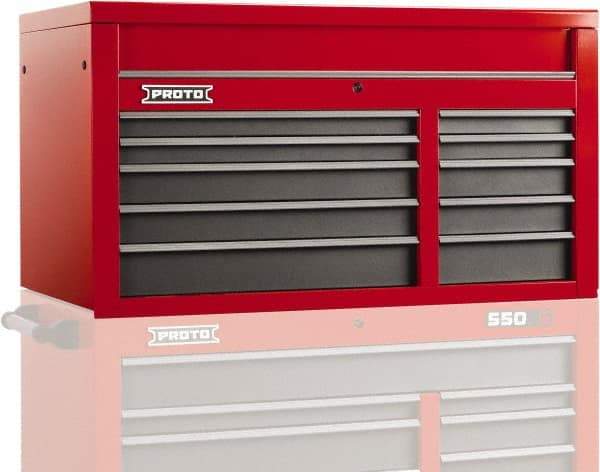 Proto - 10 Drawer Top Tool Chest - 50" Wide x 25-1/4" Deep x 27" High, Steel, Safety Red/Gray - Benchmark Tooling