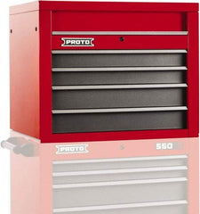 Proto - 4 Drawer Top Tool Chest - 34" Wide x 25-1/4" Deep x 27" High, Steel, Safety Red/Gray - Benchmark Tooling