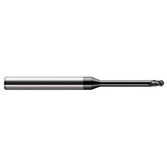 Ball End Mill: 0.01″ Dia, 0.015″ LOC, 3 Flute, Solid Carbide 2-1/2″ OAL, 1/8″ Shank Dia, 30 ° Helix, Amorphous Diamond Coated, Single End