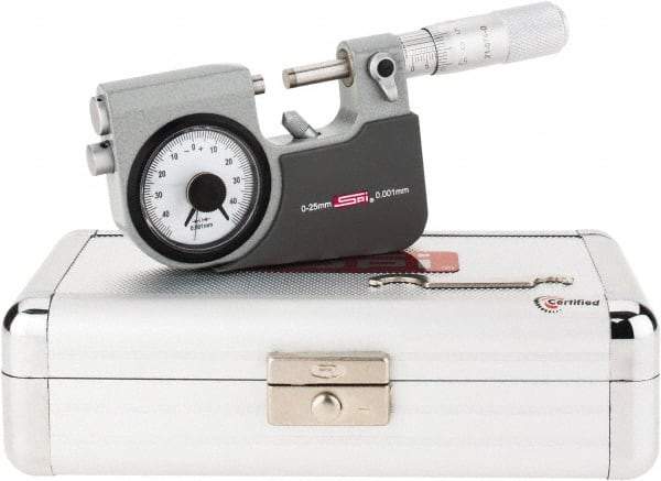 SPI - 0 to 25mm Range, 0.001mm Graduation, Mechanical Indicating Micrometer - Accurate to 0.002mm, Carbide Measuring Face - Benchmark Tooling