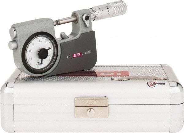 SPI - 0 to 1" Range, 0.00005" Graduation, Mechanical Indicating Micrometer - Accurate to 0.0001" Carbide Measuring Face - Benchmark Tooling