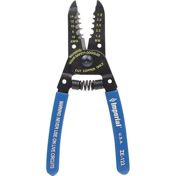 Imperial - 8 to 16 AWG Capacity Wire Stripper/Cutter - 6" OAL, Hardened Steel with Cushion Grip Handle - Benchmark Tooling