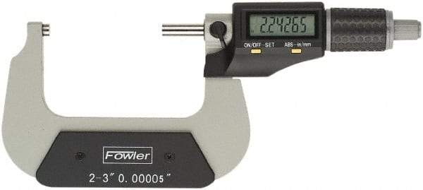 Fowler - 2 to 3" Range, 0.00005" Resolution, Standard Throat IP54 Electronic Outside Micrometer - 0.0002" Accuracy, Ratchet Stop Thimble, Carbide Face, CR2032 Battery - Benchmark Tooling