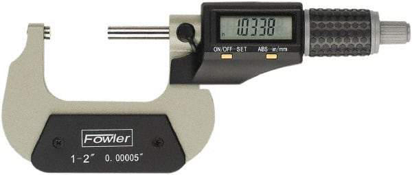 Fowler - 1 to 2" Range, 0.00005" Resolution, Standard Throat IP54 Electronic Outside Micrometer - 0.00016" Accuracy, Ratchet Stop Thimble, Carbide Face, CR2032 Battery - Benchmark Tooling