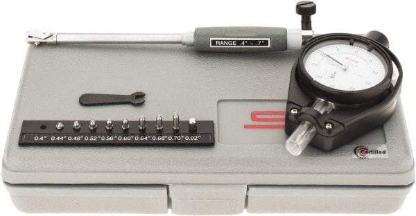 SPI - 9 Anvil, 0.4 to 0.7" Dial Bore Gage - 0.0005" Graduation, 4" Gage Depth, Accurate to 0.0006", Carbide Ball - Benchmark Tooling