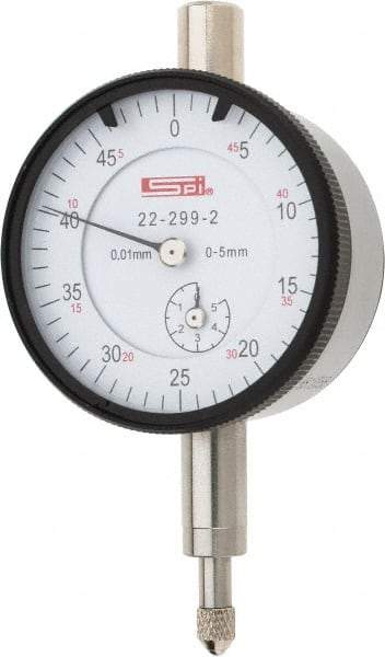 SPI - 5mm Range, 0-50 Dial Reading, 0.01mm Graduation Dial Drop Indicator - 42mm Dial, 0.5mm Range per Revolution, 0.016mm Accuracy, Includes NIST Traceability Certification - Benchmark Tooling