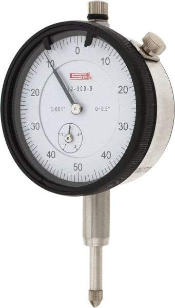 SPI - 1/2" Range, 0-50-0 Dial Reading, 0.001" Graduation Dial Drop Indicator - 2.2" Dial, 0.1" Range per Revolution, 0.002" Accuracy, Revolution Counter, Includes NIST Traceability Certification - Benchmark Tooling