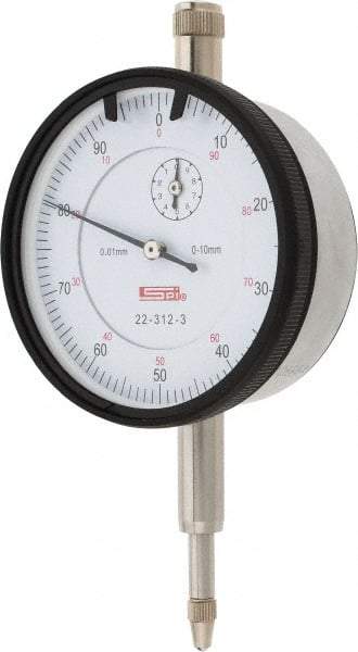 SPI - 10mm Range, 0-100 Dial Reading, 0.01mm Graduation Dial Drop Indicator - 58mm Dial, 1mm Range per Revolution, 0.02mm Accuracy, Revolution Counter, Includes NIST Traceability Certification - Benchmark Tooling