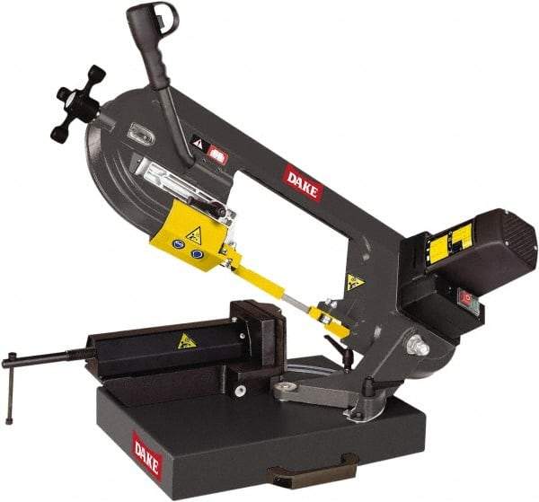 Dake - 8 x 5" Max Capacity, Manual Geared Head Horizontal Bandsaw - 262 & 196 SFPM Blade Speed, 110 Volts, 45°, 2 hp, 1 Phase - Benchmark Tooling