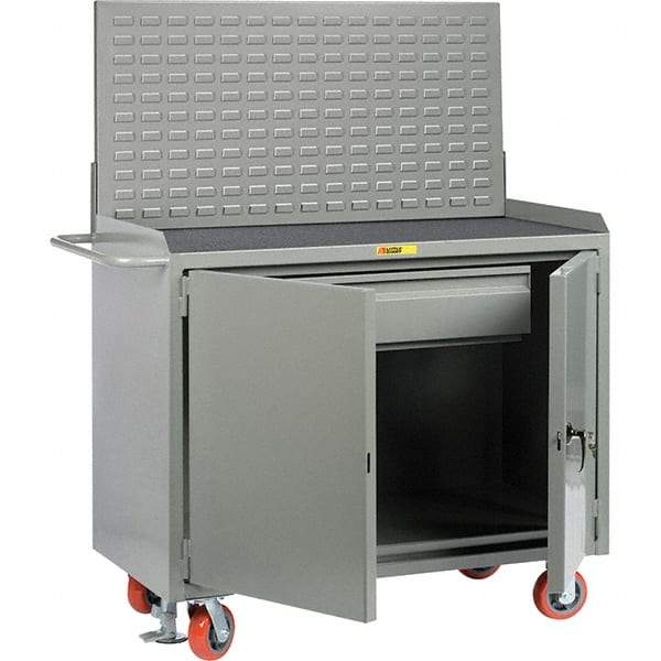 Little Giant - 3,600 Lb Capacity, 2 Shelf, 1 Drawer, 2 Door Mobile Bench Cabinet with Louvered Panel - 41" Wide x 24" Deep x 43" High, Steel, Gray - Benchmark Tooling