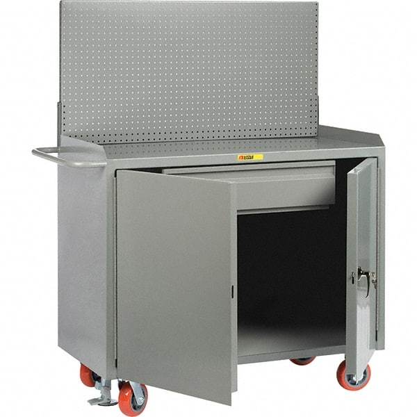 Little Giant - 3,600 Lb Capacity, 2 Shelf, 1 Drawer, 2 Door Mobile Bench Cabinet with Pegboard Panel - 53" Wide x 24" Deep x 43" High, Steel, Gray - Benchmark Tooling