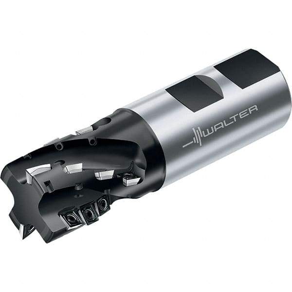 Walter - 40mm Cut Diam, 54mm Max Depth of Cut, 40mm Shank Diam, 140mm OAL, Indexable Square Shoulder Helical End Mill - Weldon Shank, 90° Lead Angle, Through Coolant, Series M4257 - Benchmark Tooling