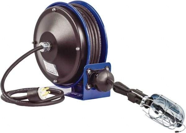 CoxReels - 16 AWG, 30' Cable Length, Cord & Cable Reel with Incandescent Hand Lamp with Tool Tap Plug End - 1 Outlet, NEMA 5-15R, 13 Amps, 115 Volts, SJTO Cable, Blue Reel, Spring Driven Reel - Benchmark Tooling