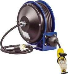 CoxReels - 16 AWG, 30' Cable Length, Cord & Cable Reel with Fluorescent Angle Light with Tool Tap Plug End - 1 Outlet, NEMA 5-15R, 13 Amps, 115 Volts, SJTO Cable, Blue Reel, Spring Driven Reel - Benchmark Tooling