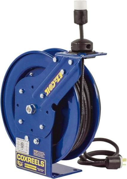 CoxReels - 16 AWG, 50' Cable Length, Cord & Cable Reel with Outlet End - 1 Outlet, NEMA 5-15R, 13 Amps, 115 Volts, SJO Cable, Blue Reel, Spring Driven Reel - Benchmark Tooling