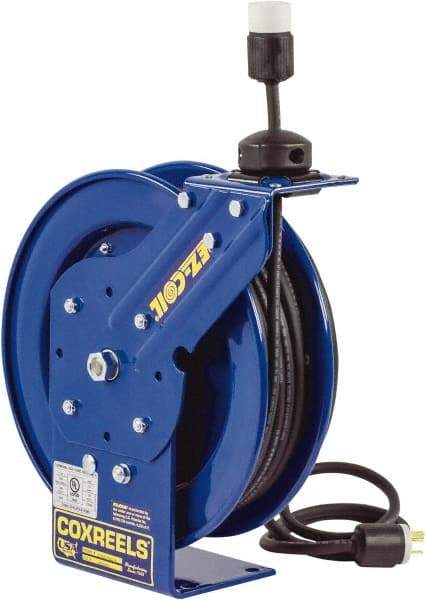 CoxReels - 12 AWG, 50' Cable Length, Cord & Cable Reel with Duplex GFCI Outlet Box End - 2 Outlets, NEMA 5-20R, 20 Amps, 115 Volts, SJO Cable, Blue Reel, Spring Driven Reel - Benchmark Tooling