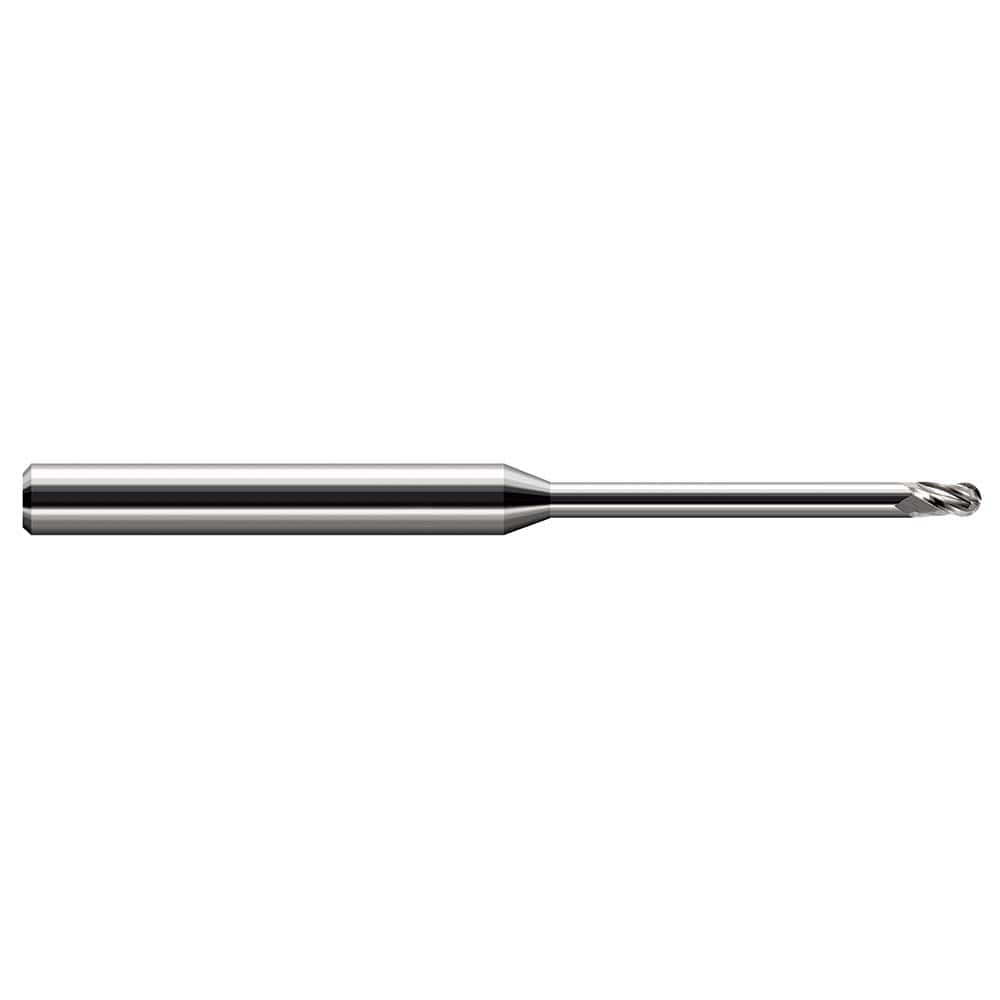 Ball End Mill: 0.03″ Dia, 0.045″ LOC, 3 Flute, Solid Carbide 2-1/2″ OAL, 1/8″ Shank Dia, 30 ° Helix, Uncoated, Single End