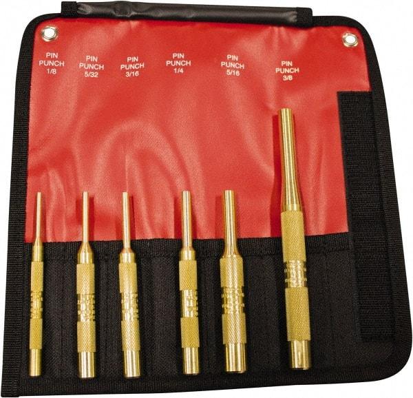 Mayhew - 6 Piece, 1/8 to 3/8", Pin Punch Set - Round Shank, Brass, Comes in Pouch - Benchmark Tooling