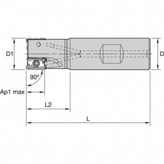 Kennametal - 1" Cut Diam, 11mm Max Depth of Cut, 1" Shank Diam, 4.03" OAL, Indexable Square Shoulder End Mill - LNGU110408SRGE Inserts, Weldon Shank, 0° Lead Angle, Through Coolant, Series Mill 4-11 - Benchmark Tooling