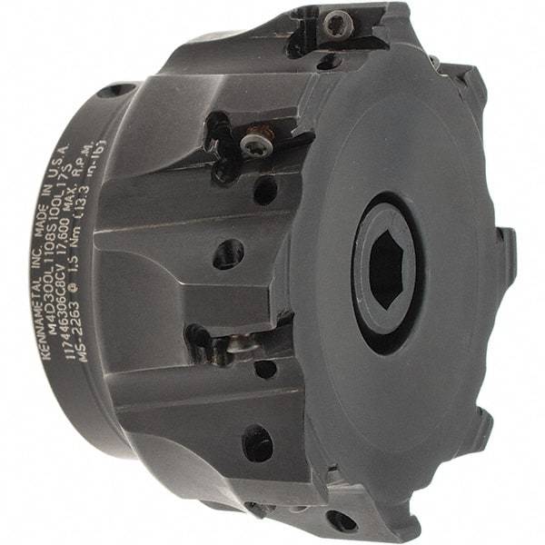 Kennametal - 8 Inserts, 3" Cut Diam, 1" Arbor Diam, 11mm Max Depth of Cut, Indexable Square-Shoulder Face Mill - 0° Lead Angle, 1-3/4" High, LNGU110408SRGE Insert Compatibility, Through Coolant, Series Mill 4-11 - Benchmark Tooling