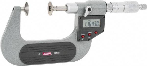 SPI - 1 to 2", IP54, Ratchet Stop Thimble, Electronic Disc Micrometer - 0.0002" Accuracy, 0.79" Disc, 0.00005" Resolution, 0.31" Spindle Diam, Steel Face, NIST Traceability Certification Included - Benchmark Tooling