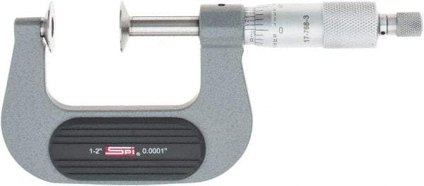 SPI - 1 to 2", Ratchet Stop Thimble, Mechanical Disc Micrometer - 0.0002" Accuracy, 0.79" Disc, 0.0001" Resolution, 0.31" Spindle Diam, Steel Face, NIST Traceability Certification Included - Benchmark Tooling