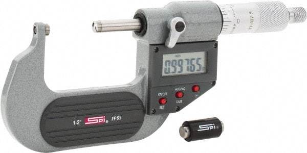 SPI - Electronic, 1 to 2" Measurement, Painted Finish Carbide Face Ball Anvil Micrometer - 0.00005" Graduation, Ratchet Stop Thimble - Benchmark Tooling