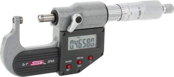 SPI - Electronic, 0 to 1" Measurement, Painted Finish Carbide Face Ball Anvil Micrometer - 0.00005" Graduation, Ratchet Stop Thimble - Benchmark Tooling